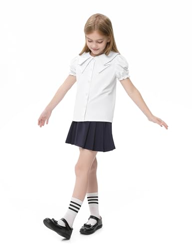 Girls Short Sleeve Peter Pan Blouse Puff Sleeve Button Down Shirt School Uniform Blouse 3-12 Years3