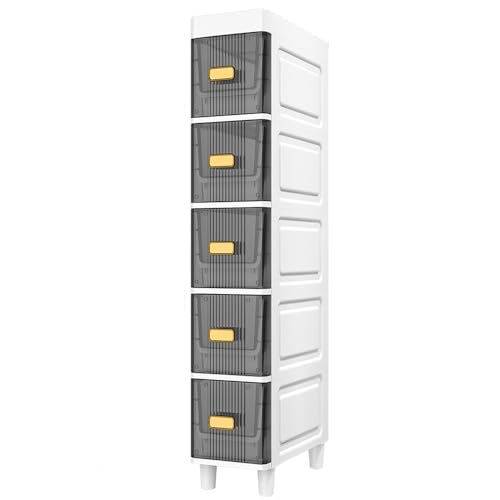 5-Tiers Bathroom Storage Cabinet with Clear Drawers Narrow Waterproof Storage Cabinet Standing Shower Organizer for Tiny Kitchen Laundry Living Room Gap