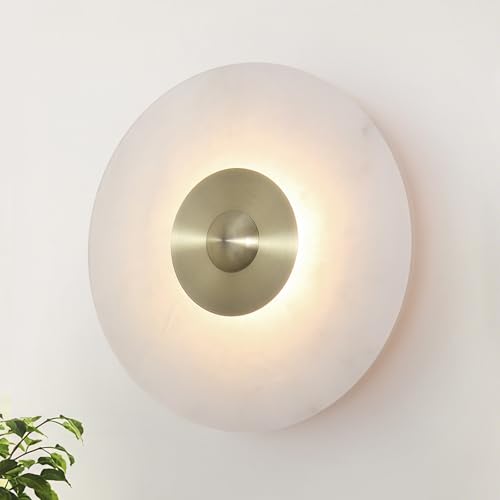 Image of 11.8 inch Round Alabaster Wall Sconce,Marble Modern Bathroom Light Fixture with Natural White Glass Shade for Bedroom, Hallway, Stairs (Hardwired)