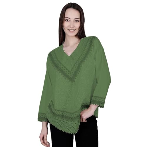Image of Ukal Hand Embroidered Bige Top /Full Sleeves Cotton Tunic /Summer Short Ethnic Chikan Relaxed Fit Kurti /Boho Short Ethnic Dress for Women (in, Alpha, M, Green)
