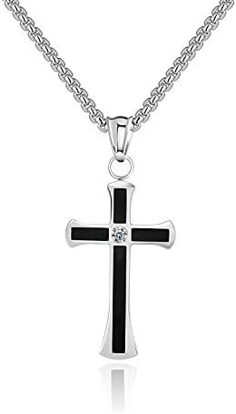 Men's Diamond Black Simple Cross Pendant I Can Do All Things Bible Verse Stainless Steel Necklace