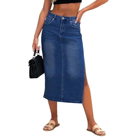 Genleck 2025 Women Long Denim Skirt with Side Slit High Waist Denim Midi Skirt with Pockets(Midlight Blue, 2) Cover