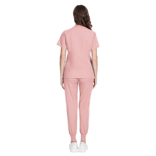 Image of VIAOLI Scrubs for Women Set Modern V-Neck Top & 8 Pocket Jogger Pants Nursing Uniform Solid Stretch Workwear