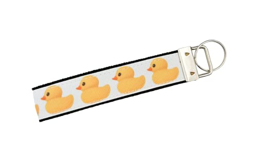 White Yellow Duck Print Key Fob Wristlet - 5 Inches/Rubber Duckie Print