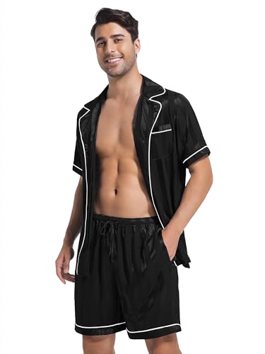 DEARCASE Men Silk Satin Pajamas Sets Short Sleeve Sleepwear Button-Down Pjs Sets Two-Pieces Loungewear with Pockets2