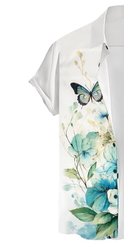 Image of ZEKU Men's Butterfly Floral Print Cotton Blend Short Sleeve Casual Shirt, Regular Fit, White