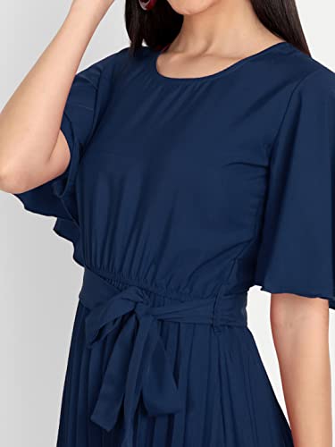 Image of KUDUZO Women's Crepe Long Pleated Below Knee Length Flutter Sleeve Round Neck S to XL Maxi Dress for Girls. (EG-U0IM-B9A1)