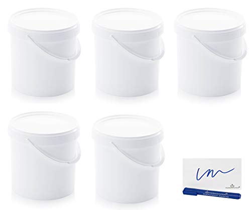 MARKESYSTEM - Cubo HERMÉTICO Catering - Pack 5 x 18 litros - Cubos de Plástico con Tapa - Contenedores Apilables - Envasar Alimentos, Líquidos y Pinturas - Polipropileno Blanco + Kit Etiquetado Cover