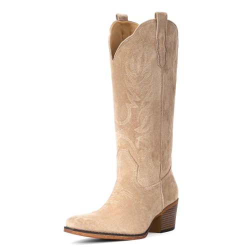 Image of IUV Suede Cowboy Boots for Women Mid Calf Western Cowgirl Boots | Retro Embroidered Snip Toe Chunky Heel Western Boot for Country Concert Music Festival Cowboy Chic