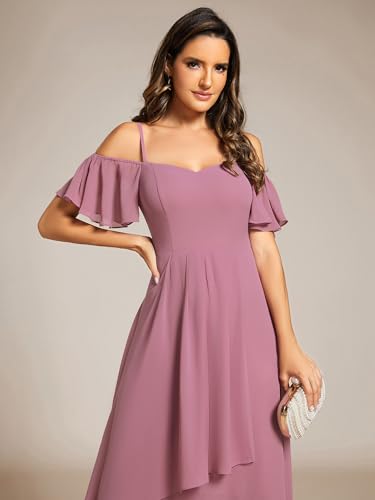 Image of Ever-Pretty Women's Summer Cold Shoulder Hi-Lo Asymmetrical Hem Flowy Chiffon Short Wedding Guest Dress 02103