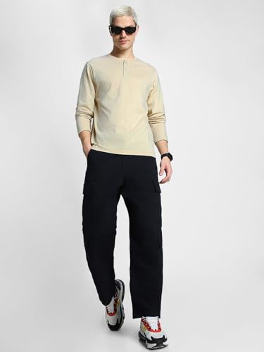 Image of Veirdo Pure Cotton Regular Fit Henley Neck Plain Solid Full Sleeve T-Shirt for Men & Boys (Color Options: Black, Red, Swanwhite, Navy Blue, White, Cork, Green, Maroon, Mustard, Royal Blue)