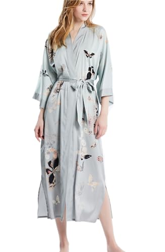 Prettystern Femme Nuisette Peignoir de soirée Longues Chemise de Nuit Kimono Soie Robe Bleu-Gris Papillon L18