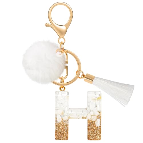 MWOOT Porte Clé Lettre H Peluche Tassel, Initial Résine Personnalisé Keychain Or Blanc, Porte Clef Lettre Pendentif Décoratif, Kawaii Porte Clef Voiture...