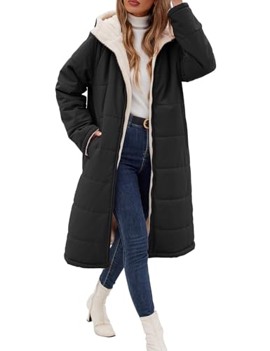 Wiepux Long Womens Winter Coat Fleece Lined Coats Sherpa Quilted Puffer Jackets with Hood Zipper Overcoats,Black,XL