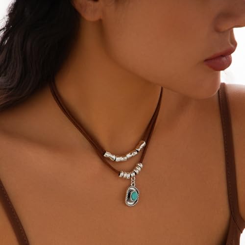 Boho Necklaces for Women Western Jewelry for Women Cowboy Cowgirl Accessories Vintage Leather Necklace with Star Cactus Beads Coin Hat Pendant Necklace Turquoise Jewelry4