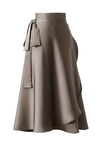Famnbro Womens Satin Maxi Skirt High Waist Tie Side A-Line Novelty Elegant Work Business Swing Skirts with Pocket