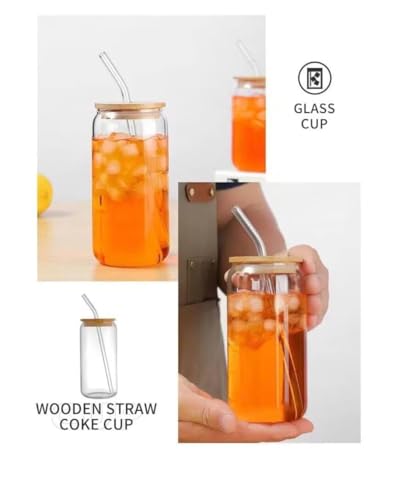Image of SUANI Can Glass Tumbler with Lid and Straw, 500ml Transparent Drinking Glass Cup for Iced Coffee, Cold Coffee, Juice, Smoothies, Milk, Tea and Beverages, Pack of 1