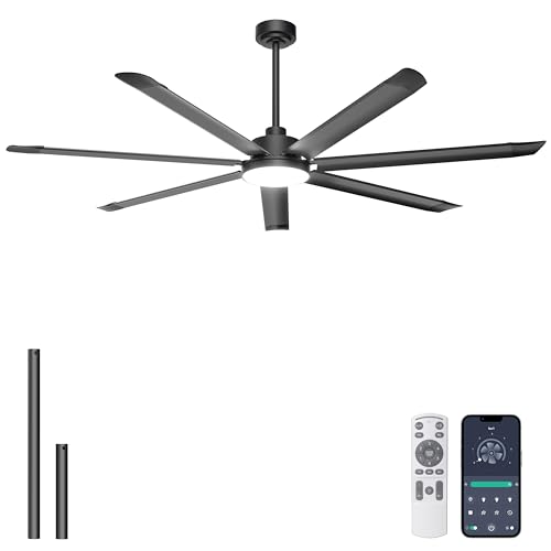 Ohniyou Ventilatore da soffitto da 182 cm con luce, grande ventilatore da soffitto industriale con telecomando/app, 7 pale in alluminio, motore DC silenzioso per terrazze esterne e garage, nero