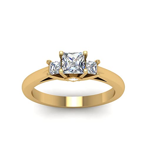 Image of Choose Your Gemstone Three Stone Princess Diamond CZ Engagement Ring Yellow Gold Plated Princess Shape Side Stone Engagement Rings Minimal Surprise Gifts for Ladies US Size 4 to 12