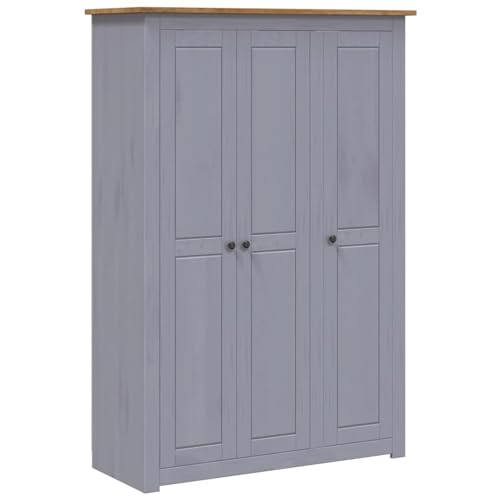Homgoday Armario grande de 3 puertas de madera maciza de pino con 4 estantes y barra para colgar, color gris/natural, 118 x 50 x 171,5 cm, modelo 282662