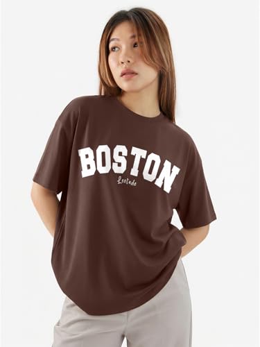Image of LEOTUDE Women Cottonblend Drop Shoulder Oversized Round Neck Half Sleeve Tshirt, Longline Printed T-Shirt
