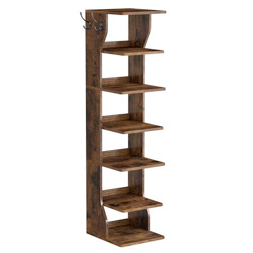 VASAGLE 7-Tier Vertical Shoe Rack, Narrow Shoe Storage Organizer with Hooks, Slim Corner Tower Shelf, Space-Saving for Entryway and Bedroom, Rustic Brown ULBS200KD01 7 Tiers Rustic Brown
