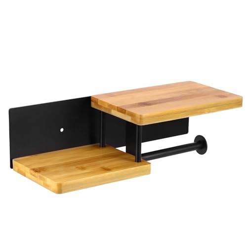 BTBHIHO Portarrollos de papel higiénico de madera con estante, soporte de pared para papel higiénico de hierro forjado, soporte perforado para papel higiénico para cocina y baño, negro