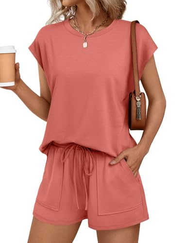 Image of AUTOMET Womens Crew Neck Two Piece Short Sets Cap Sleeve Drawstring Summer Sweatsuit with Pocket
