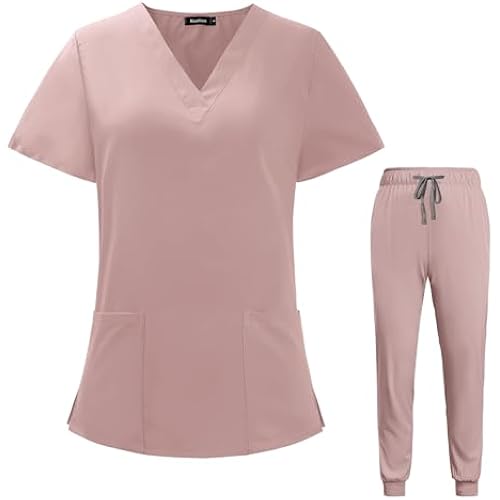 VIAOLI Scrubs for Women Set V-Neck Pocket Top & Drawstring Jogger Scrub Pants Stretch Nursing Scrubs Set Uniform