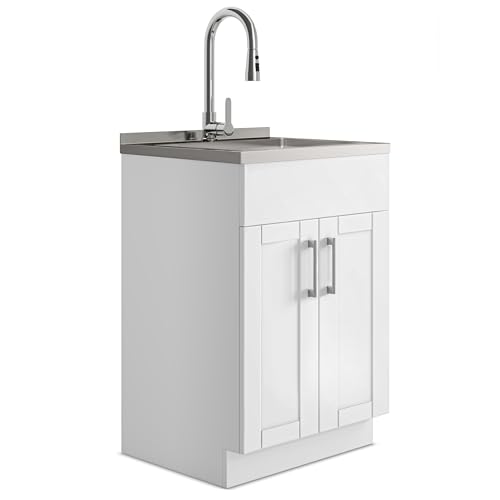 Image of SIMPLIHOME Modern Wide Shaker 24 inch Wide Stainless Steel Sink Laundry Cabinet | Transitional laundry cabinet with a high-arch chrome faucet for laundry rooms; Modern Wide Shaker utility sink or wash tub.