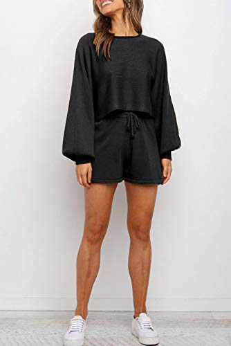 ZESICA Women's Casual Long Sleeve Solid Color Knit Pullover Sweatsuit 2 Piece Short Sweater Outfits Sets Black