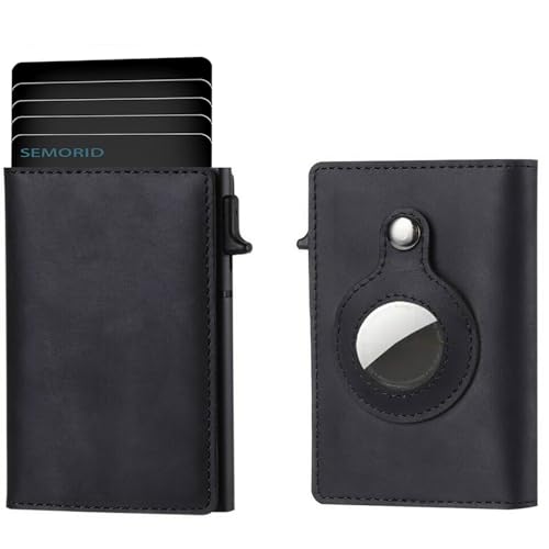 Long Face AirTag Wallet (No Airtag Included) Genuine Leather Air Tag Wallet RFID Technology Credit Card Holder with Minimalist Wallet for AirTag Color Black, Brown, Fiber (Black)