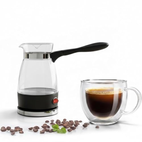 Image of Electric Turkish Coffee Maker and Kettle, Glass Pot with Handle, 500ml Capacity, Black and Clear 600W, Multi-Purpose for Coffee, Tea and Milk