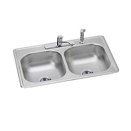 Image of Dayton Stainless Steel 33 inch x 22 inch x 7-1 /16 inch, 4-Hole Equal Double Bowl Drop-in Sink and Faucet Kit