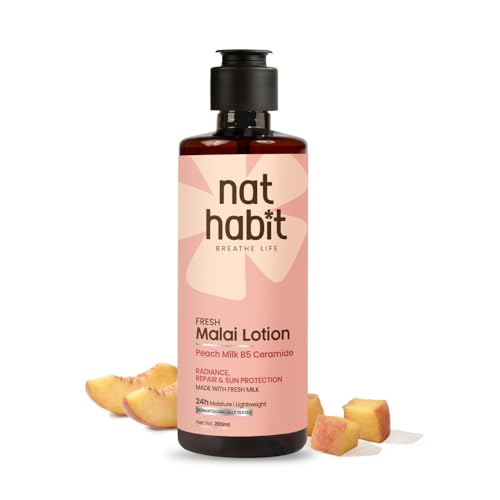 Image of Nat Habit Fresh Peach Milk Malai Lotion with Pro-Vitamin B5 & Ceramide | 24H Deep Moisturization & Sun Protection | 100% Natural, Glycerin-Free Face & Body Moisturizer | 200ml