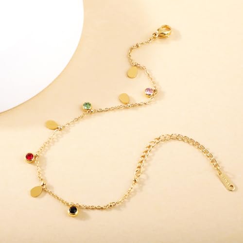 Image of 18K Gold Plated Stainless Steel Dainty Charms Colorful Crystal Birthstone Bracelet Minimalist Cute Jewelry for Women