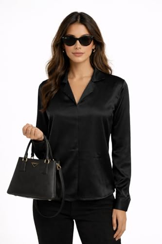 Image of Cuban Collar Cuffed Sleeves Formal Satin Shirt Style Top