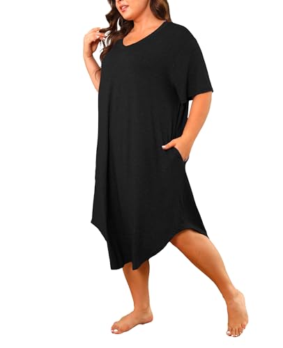 Womens Plus Size Nightgowns Sleepwear Short Sleeve Sleep Dress Knee Length Night Gowns Pockets4