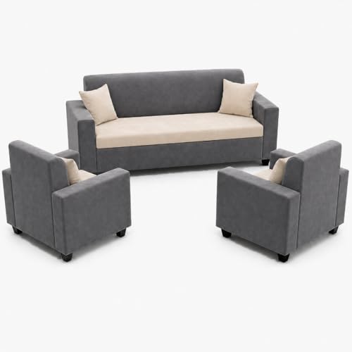 Image of FURNY QualityWood 3 Seater + 1 Seater + 1 Seater Fabric Sofa Set (Cream-Dark Grey) with Velvet Finish | Durable Comfort | Ideal for Living Room