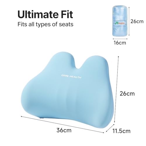 Image of Grin Health Mini Back Cushion Lumbar Support Pillow, Blue | Memory Foam, Compact Portable, For Car Seat /Office Chair /Travel, Lower Back Support