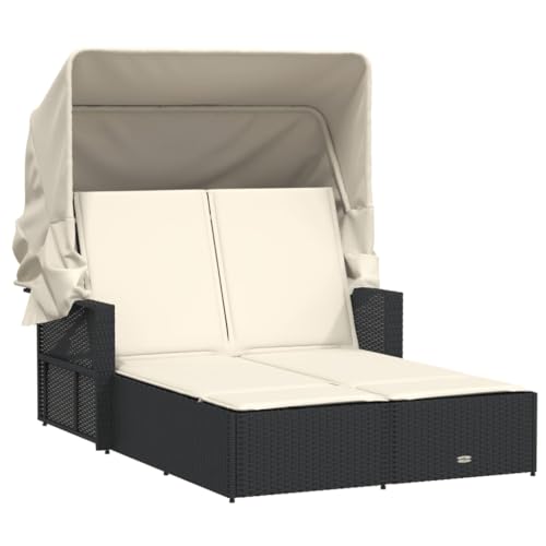 vidaXL Chaise Longue Double et Auvent et Coussins, Bain de Soleil, Transat de Jardin Patio Terrasse Arrière-Cour, Noir Résine Tressée