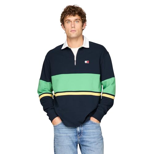 Tommy Jeans Men's Medium Weight Quarter Zip Colorblock Rugby Sweatshirt