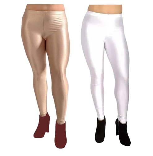 CronNew Trend Shiny Churidar Leggings Combo for Women and Girls (Pack of 2) (XXL, White & Skin)