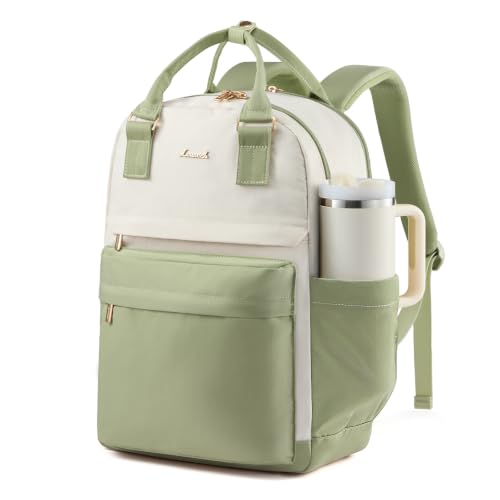 Image of LOVEVOOK Laptop Backpack for Women with Giant Tumbler Holder Pocket, 15.6 inch Laptop Computer Bag Travel Backpack Purse, Waterproof Work Nurse Teacher Bag College School Bookbag, Pea Green & Beige