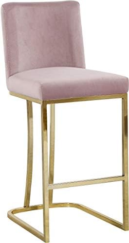 Meridian Furniture Heidi Collection Modern | Contemporary Velvet Upholstered Counter Stool with Polished Gold Metal Legs, 16" W x 19.5" D x 36.5" H, Pink