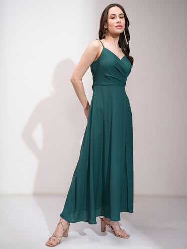 Image of Tokyo Talkies Women's Maxi Length | Strappy Design | High Slit | Flowy Silhouette Glamorous | Bold Thigh-High Slit for Effortless Elegance