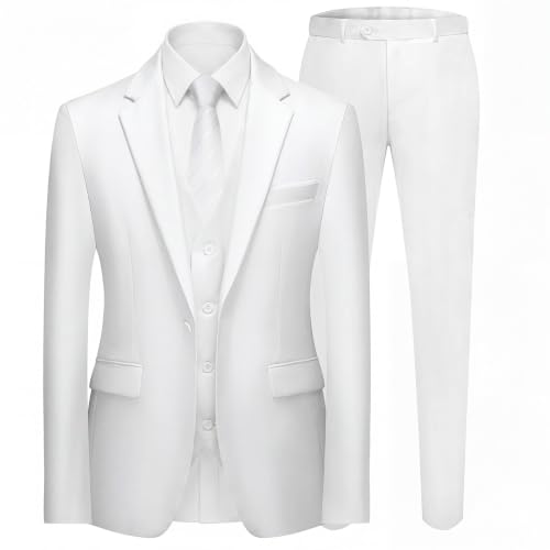 MAGE MALE Mens 3 Pieces Suit Elegant Solid One Button Slim Fit Single Breasted Party Blazer Vest Pants Set White