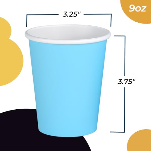 Party Solids Light Blue Paper Cups 9 oz Durable Disposable Cups 100 Paper Tumblers for Hot Drinks and Cold Drinks Thick 280 GSM Hot Cup for Tea & Coffee Cup To Go Fun Colors for Parties & Events