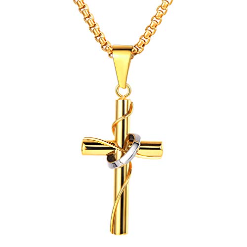 FaithHeart Collier Croix Or Femme Acier Inoxyable Pendentif à Croix Bague avec Chaîne 55cm Bijoux Religieuse Chretienne pour Communion Baptème Homme Garçon Cover