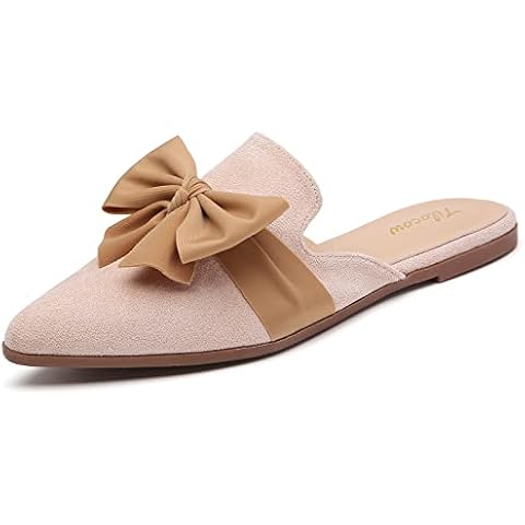 Tilocow Bow Décor Flat Mules for Women Closed Point Toe Backless Mule Slides Mules Shoes Ladies Slip-on Loafers, Bow-apricot, 4 UK Cover